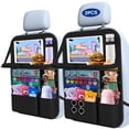 thumbnail image 1 of 2-Pack Car Backseat Organizer with Table Tray,Supports up to 22 lb,9 Storage Pockets with Touch Screen Tablet Holder,Foldable Food Tray, Protective Kick Mats,Travel Accessories Organizer,Black, 1 of 10