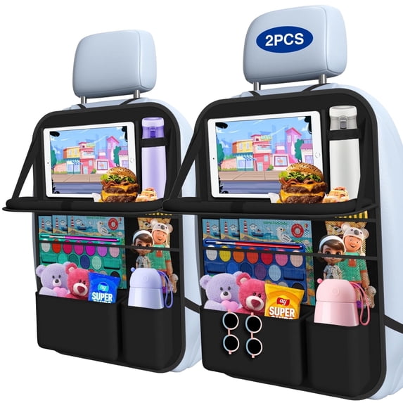 2-Pack Car Backseat Organizer with Table Tray,Supports up to 22 lb,9 Storage Pockets with Touch Screen Tablet Holder,Foldable Food Tray, Protective Kick Mats,Travel Accessories Organizer,Black