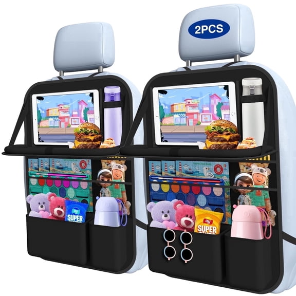 2Pack Car Backseat Organizer with Table Tray, Touch Screen Tablet Holder, 9 Storage Pockets & Protective Kick Mats, Foldable Car Seat Organizer for Travel