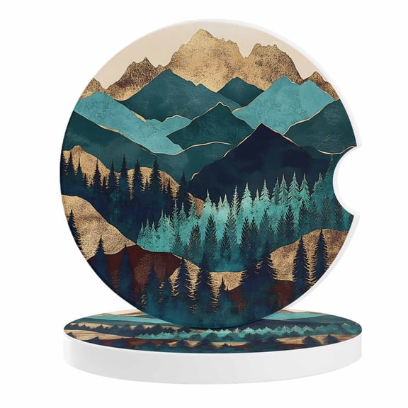 2 Pack Car Coasters Abstract Green Mountain Ceramic Car Cup Holder Coaster Forest Modern Absorbent Drink Coasters Protects Interior from Spills, Car Interior Accessories