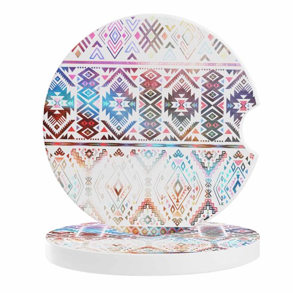 2 Pack Car Coasters Aztec Folk Braid Art Ceramic Car Cup Holder Coaster Multicolor Ethnic Tribe Style Absorbent Drink Coasters Protects Interior from Spills, Car Interior Accessories