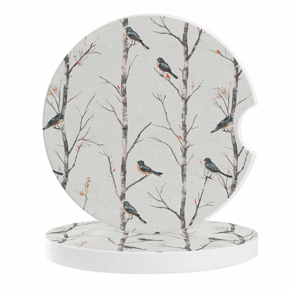 2 Pack Car Coasters Birds on Tree Branch Ceramic Car Cup Holder Coaster Tree Leaf Absorbent Drink Coasters Protects Interior from Spills, Car Interior Accessories