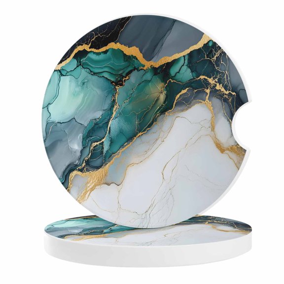 2 Pack Car Coasters Black Teal Abstract Marble Ceramic Car Cup Holder Coaster Modern Art Absorbent Drink Coasters Protects Interior from Spills, Car Interior Accessories