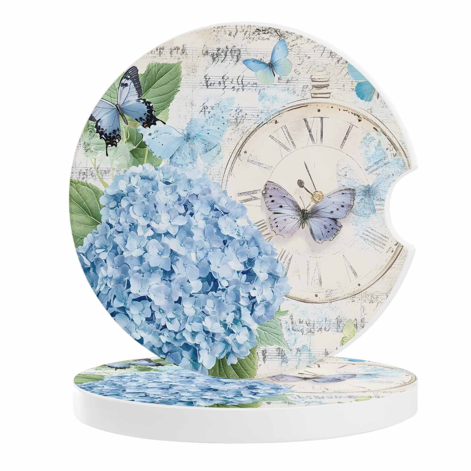 2 Pack Car Coasters Blue Flowers Butterfly Ceramic Car Cup Holder ...
