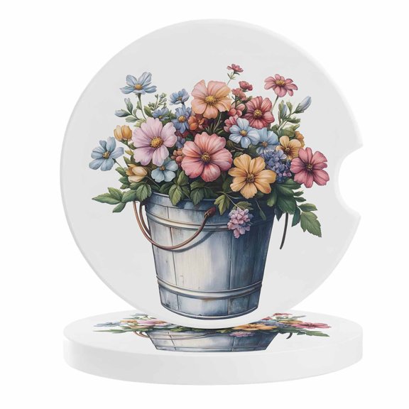 2 Pack Car Coasters A Bucket of Flowers Ceramic Car Cup Holder Coaster Retro Style Absorbent Drink Coasters Protects Interior from Spills, Car Interior Accessories