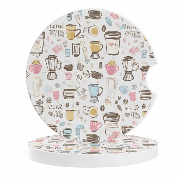 2 Pack Car Coasters Cartoon Coffee Beans Machine Ceramic Car Cup Holder Coaster Simple Absorbent Drink Coasters Protects Interior from Spills, Car Interior Accessories