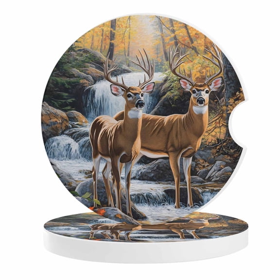 2 Pack Car Coasters Deer Ceramic Car Cup Holder Coaster Mountain Forest River Absorbent Drink Coasters Protects Interior from Spills, Car Interior Accessories