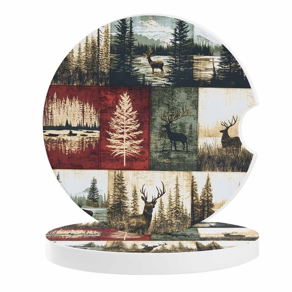 2 Pack Car Coasters Deer Forest Ceramic Car Cup Holder Coaster Animal Leaves Absorbent Drink Coasters Protects Interior from Spills, Car Interior Accessories