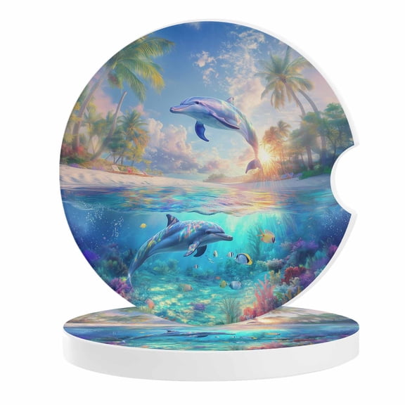 2 Pack Car Coasters Dolphin Ceramic Car Cup Holder Coaster Ocean Animal Tropical Coconut Absorbent Drink Coasters Protects Interior from Spills, Car Interior Accessories