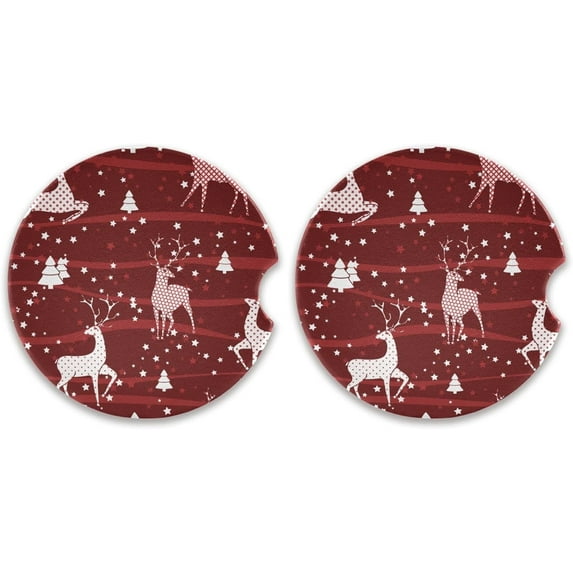 2 Pack Car Coasters for Drinks Christmas Deers Stars Absorbent Drink Coaster for Cup Holders Ceramic Coaster with Fingertip Grip Non-Scratch Cork Base Home Decor Gifts