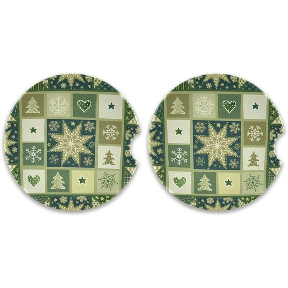 2 Pack Car Coasters for Drinks Christmas Print Absorbent Drink Coaster for Cup Holders Ceramic Coaster with Fingertip Grip Non-Scratch Cork Base Home Decor Gifts