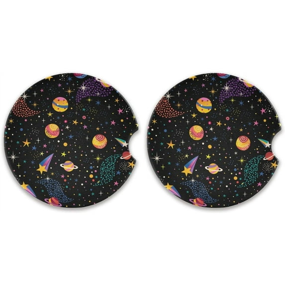 2 Pack Car Coasters for Drinks Colorful Space Planets Absorbent Drink Coaster for Cup Holders Ceramic Coaster with Fingertip Grip Non-Scratch Cork Base Home Decor Gifts