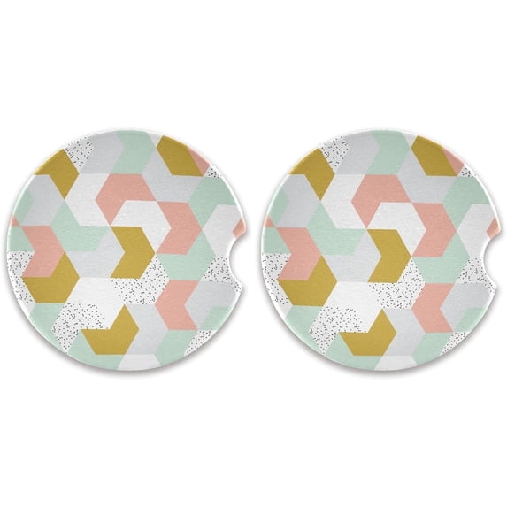 2 Pack Car Coasters for Drinks Geometric Colorful Absorbent Drink Coaster for Cup Holders Ceramic Coaster with Fingertip Grip Non-Scratch Cork Base Home Decor Gifts