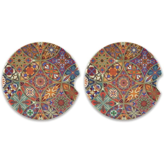 2 Pack Car Coasters for Drinks Mandala Bohemian Absorbent Drink Coaster for Cup Holders Ceramic Coaster with Fingertip Grip Non-Scratch Cork Base Home Decor Gifts