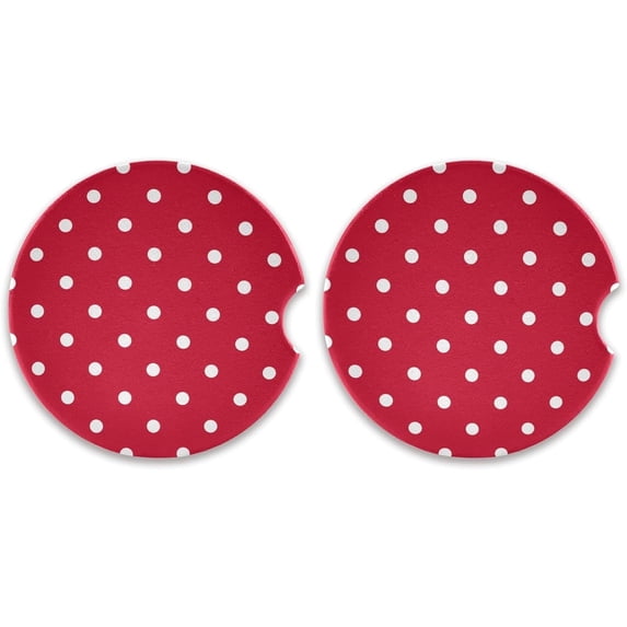 2 Pack Car Coasters for Drinks Red Polka Dots Absorbent Drink Coaster for Cup Holders Ceramic Coaster with Fingertip Grip Non-Scratch Cork Base Home Decor Gifts