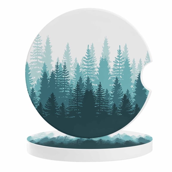 2 Pack Car Coasters Forest Tree Ceramic Car Cup Holder Coaster Misty Forest Landscape Nature Absorbent Drink Coasters Protects Interior from Spills, Car Interior Accessories