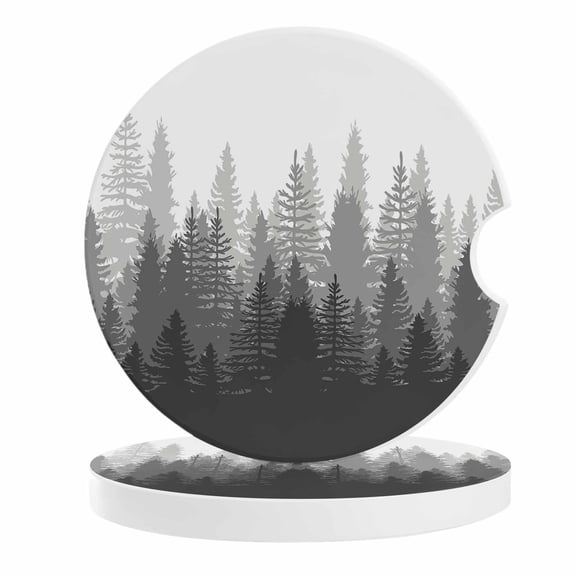 2 Pack Car Coasters Forest Tree Ceramic Car Cup Holder Coaster Misty Forest Landscape Nature Gray Absorbent Drink Coasters Protects Interior from Spills, Car Interior Accessories