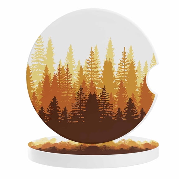 2 Pack Car Coasters Forest Tree Ceramic Car Cup Holder Coaster Misty Forest Tree Silhouette Nature Absorbent Drink Coasters Protects Interior from Spills, Car Interior Accessories