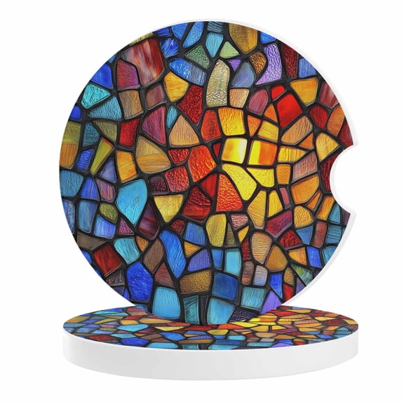 2 Pack Car Coasters Geometric Ceramic Car Cup Holder Coaster Colorful Stained Glasswork Pattern Absorbent Drink Coasters Protects Interior from Spills, Car Interior Accessories