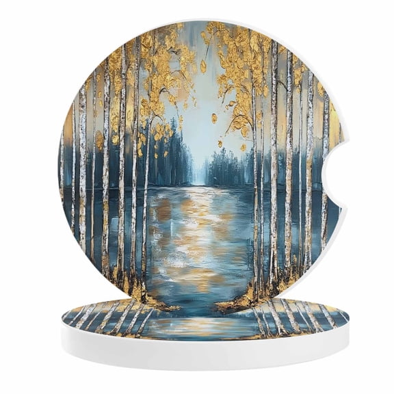 2 Pack Car Coasters Gold Forest Blue Lake Ceramic Car Cup Holder Coaster Oil Painting Absorbent Drink Coasters Protects Interior from Spills, Car Interior Accessories