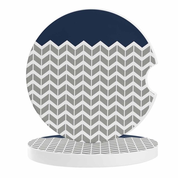 2 Pack Car Coasters Herringbone Pattern Ceramic Car Cup Holder Coaster Vintage Navy Blue Grey Absorbent Drink Coasters Protects Interior from Spills, Car Interior Accessories