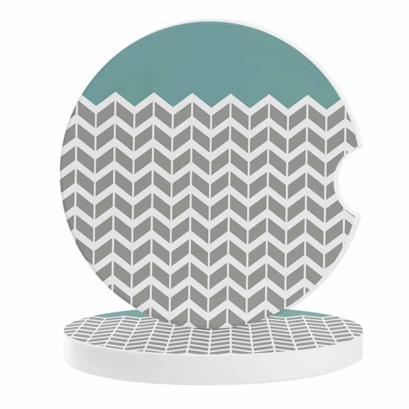 2 Pack Car Coasters Herringbone Pattern Ceramic Car Cup Holder Coaster Vintage Turquoise Grey Absorbent Drink Coasters Protects Interior from Spills, Car Interior Accessories