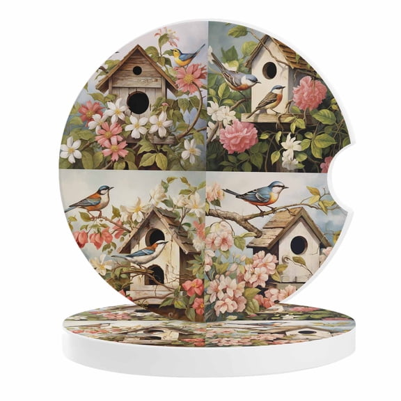 2 Pack Car Coasters Hummingbird Magpie Ceramic Car Cup Holder Coaster Bird's Nest Spring Flowers Branch Absorbent Drink Coasters Protects Interior from Spills, Car Interior Accessories