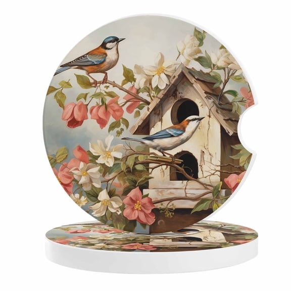 2 Pack Car Coasters Hummingbird Magpie Ceramic Car Cup Holder Coaster Wood Bird's Nest Spring Flower Absorbent Drink Coasters Protects Interior from Spills, Car Interior Accessories