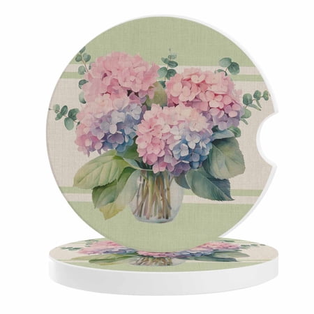 2 Pack Car Coasters Hydrangea Spring Eucalyptus Leaf Ceramic Car Cup Holder Coaster Vase Green Line Absorbent Drink Coasters Protects Interior from Spills, Car Interior Accessories