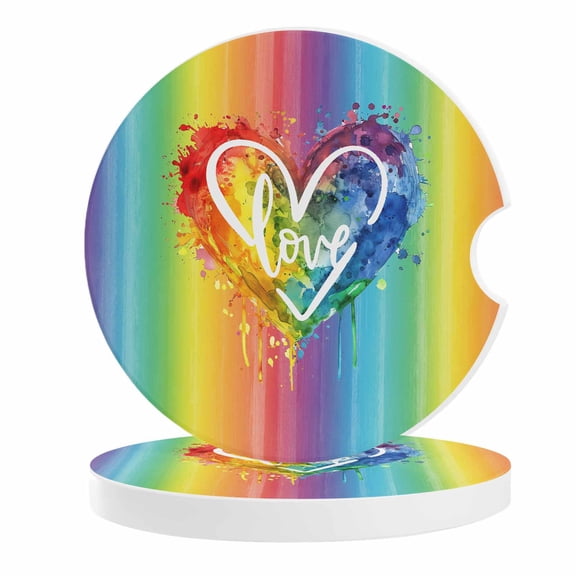 2 Pack Car Coasters LGBT Rainbow Stripes Ceramic Car Cup Holder Coaster Love Heart Gay Lesbian Event Absorbent Drink Coasters Protects Interior from Spills, Car Interior Accessories