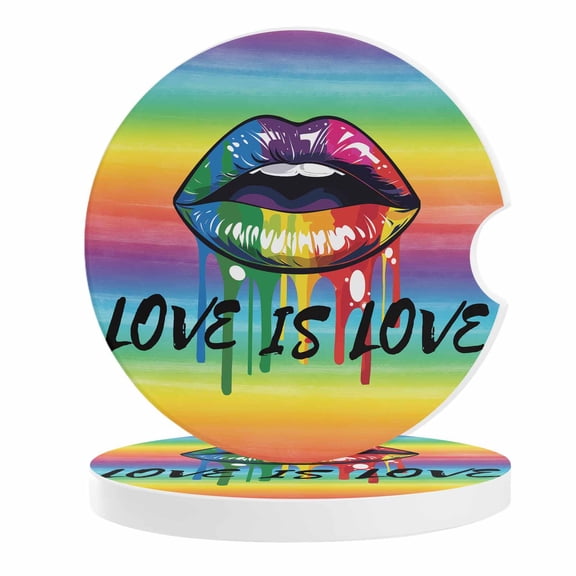 2 Pack Car Coasters Lips Rainbow Stripes Ceramic Car Cup Holder Coaster Love is More Gay Lesbian Event Absorbent Drink Coasters Protects Interior from Spills, Car Interior Accessories