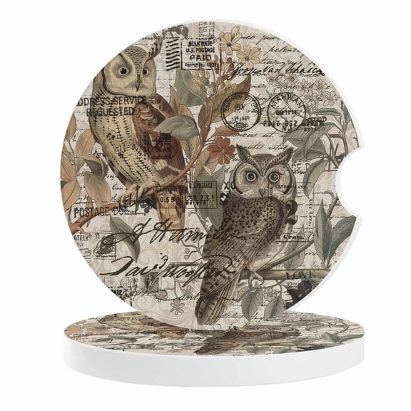 2 Pack Car Coasters Owl Standing on Branch Ceramic Car Cup Holder Coaster Retro Postmark Absorbent Drink Coasters Protects Interior from Spills, Car Interior Accessories