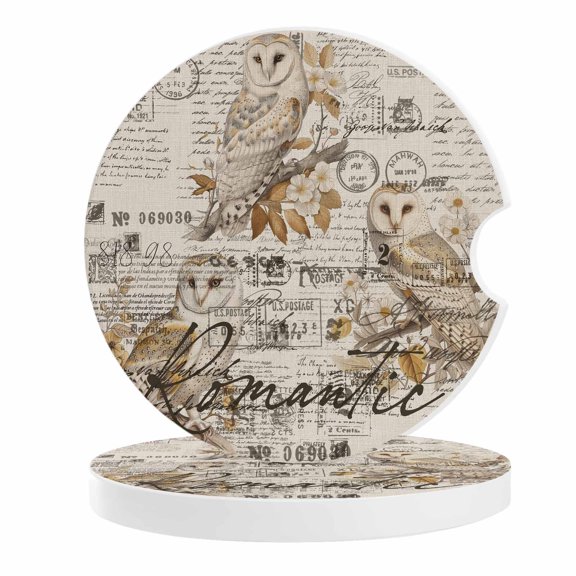 2 Pack Car Coasters Owl Tree Branch Flower Ceramic Car Cup Holder Coaster Retro Postmark Absorbent Drink Coasters Protects Interior from Spills, Car Interior Accessories