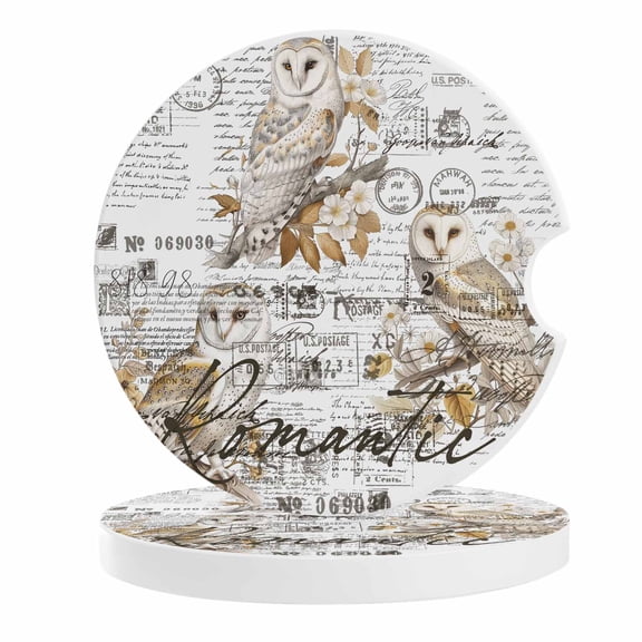 2 Pack Car Coasters Owl Tree Leaves Branch Flower Ceramic Car Cup Holder Coaster Retro Postmark Absorbent Drink Coasters Protects Interior from Spills, Car Interior Accessories