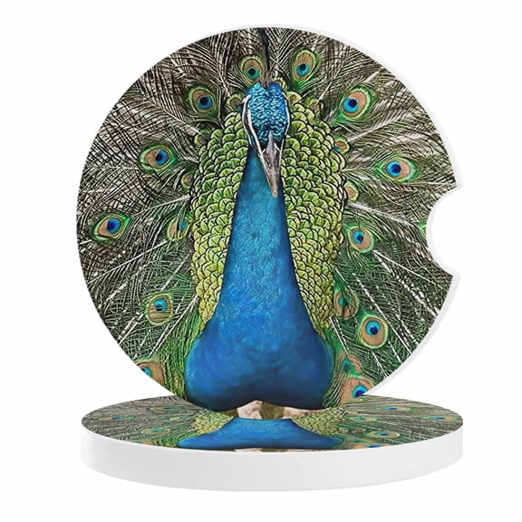2 Pack Car Coasters Peacock Ceramic Car Cup Holder Coaster Watercolor Blue Green Feathers Absorbent Drink Coasters Protects Interior from Spills, Car Interior Accessories