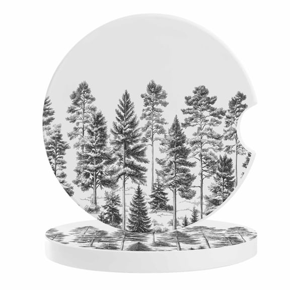 2 Pack Car Coasters Pine Forest Ceramic Car Cup Holder Coaster Tree Black Absorbent Drink Coasters Protects Interior from Spills, Car Interior Accessories