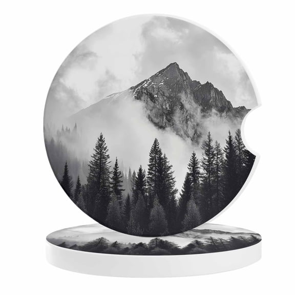 2 Pack Car Coasters Pine Forest Mountain Ceramic Car Cup Holder Coaster Black White Absorbent Drink Coasters Protects Interior from Spills, Car Interior Accessories