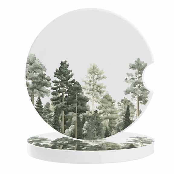 2 Pack Car Coasters Pine Tree Forest Ceramic Car Cup Holder Coaster Forest Green Absorbent Drink Coasters Protects Interior from Spills, Car Interior Accessories