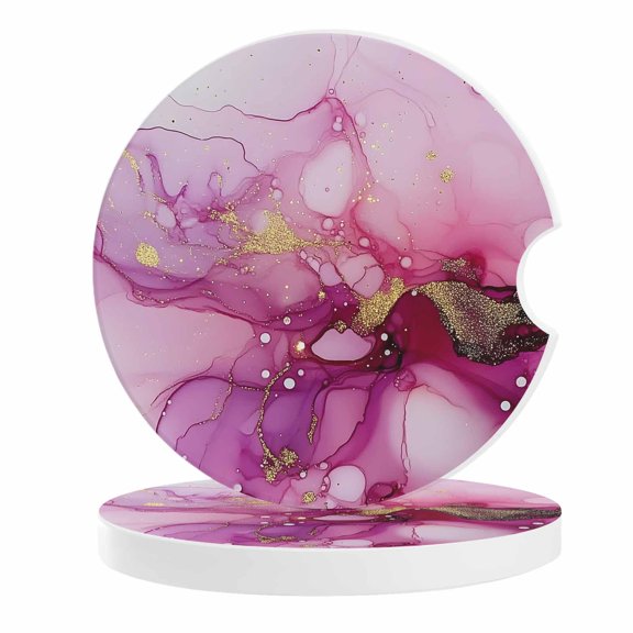 2 Pack Car Coasters Pink Marble Ceramic Car Cup Holder Coaster Golden Waves Abstract Art Absorbent Drink Coasters Protects Interior from Spills, Car Interior Accessories