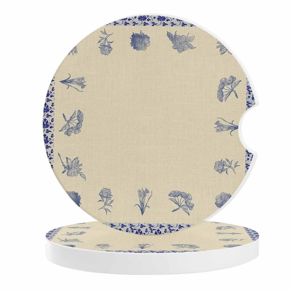 2 Pack Car Coasters Porcelain Texture Side Ceramic Car Cup Holder Coaster Floral Plant Rustic Absorbent Drink Coasters Protects Interior from Spills, Car Interior Accessories
