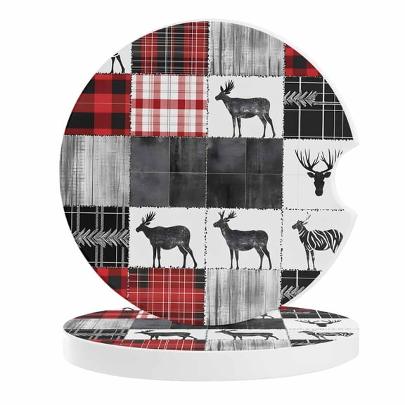 2 Pack Car Coasters Red Black Checked Plaid Deer Ceramic Car Cup Holder Coaster Gray White Absorbent Drink Coasters Protects Interior from Spills, Car Interior Accessories