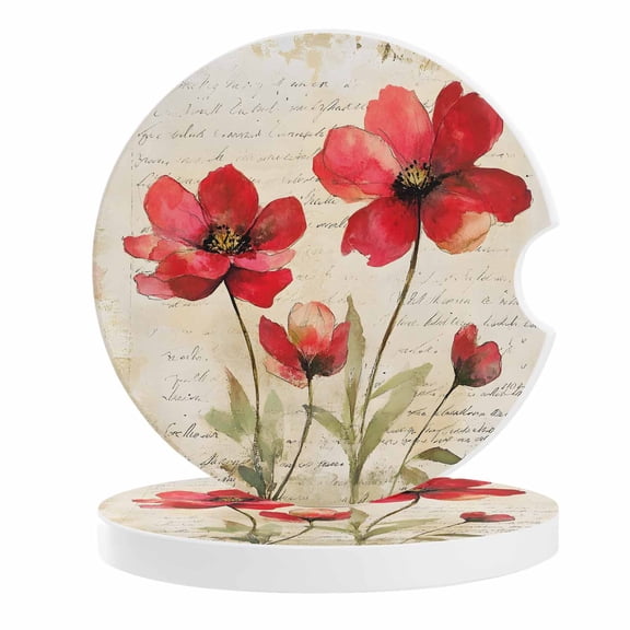 2 Pack Car Coasters Red Flowers Leaf Ceramic Car Cup Holder Coaster Vintage Red Floral Plant Absorbent Drink Coasters Protects Interior from Spills, Car Interior Accessories