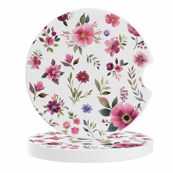 2 Pack Car Coasters Red Pink Flowers Ceramic Car Cup Holder Coaster Watercolor Absorbent Drink Coasters Protects Interior from Spills, Car Interior Accessories