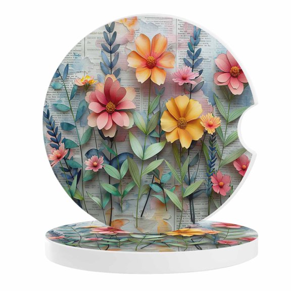 2 Pack Car Coasters Retro Newspaper Flowers Ceramic Car Cup Holder Coaster Watercolor Floral Leaves Absorbent Drink Coasters Protects Interior from Spills, Car Interior Accessories