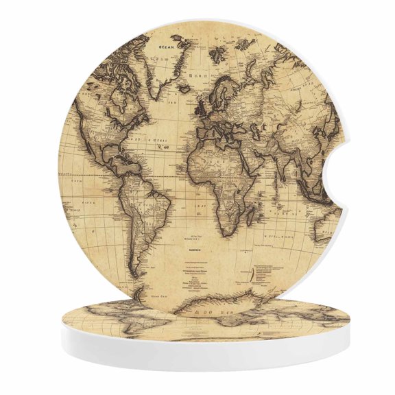 2 Pack Car Coasters Retro World Map Ceramic Car Cup Holder Coaster South America Pacific Absorbent Drink Coasters Protects Interior from Spills, Car Interior Accessories