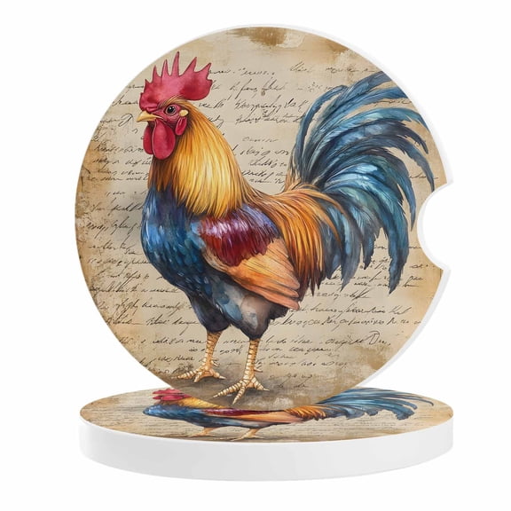 2 Pack Car Coasters Rooster Chicken Ceramic Car Cup Holder Coaster Retro Farm Animal Absorbent Drink Coasters Protects Interior from Spills, Car Interior Accessories