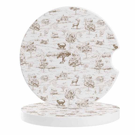 2 Pack Car Coasters Rustic Dog Retro Deer Ceramic Car Cup Holder Coaster Brown Line Art Tree Absorbent Drink Coasters Protects Interior from Spills, Car Interior Accessories