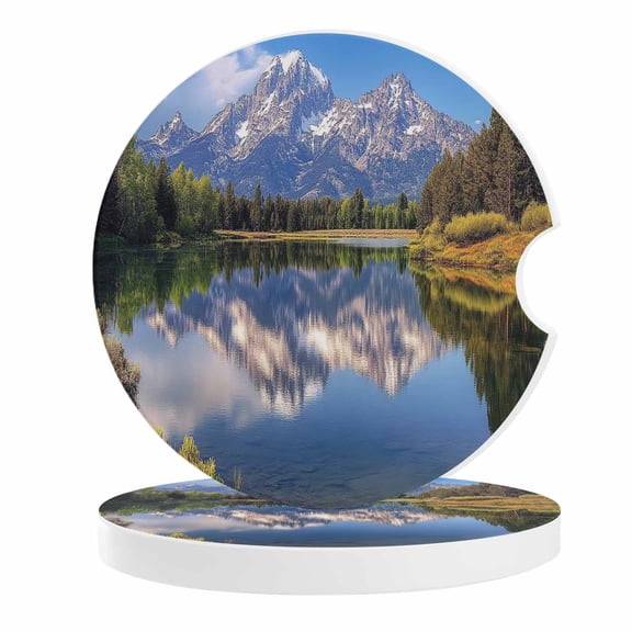 2 Pack Car Coasters Snow Mountain Lake Ceramic Car Cup Holder Coaster Forest Sky Absorbent Drink Coasters Protects Interior from Spills, Car Interior Accessories