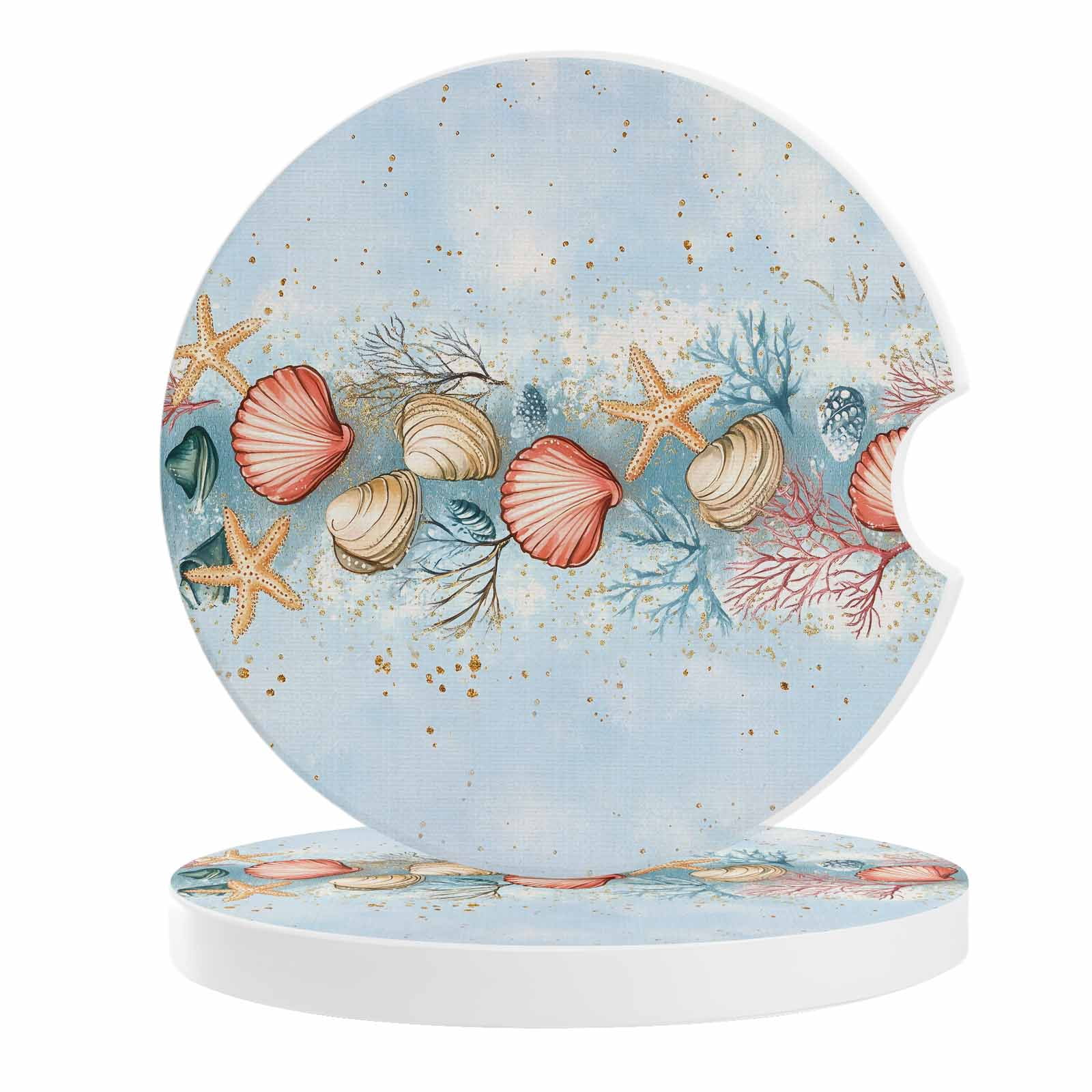 Shell Rim Coasters 2 Pack Car Coasters Starfish Shell Coral Ceramic Car Cup Holder Coaster ...