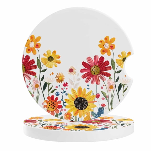2 Pack Car Coasters Sunflower Ceramic Car Cup Holder Coaster Watercolor Spring Floral Absorbent Drink Coasters Protects Interior from Spills, Car Interior Accessories